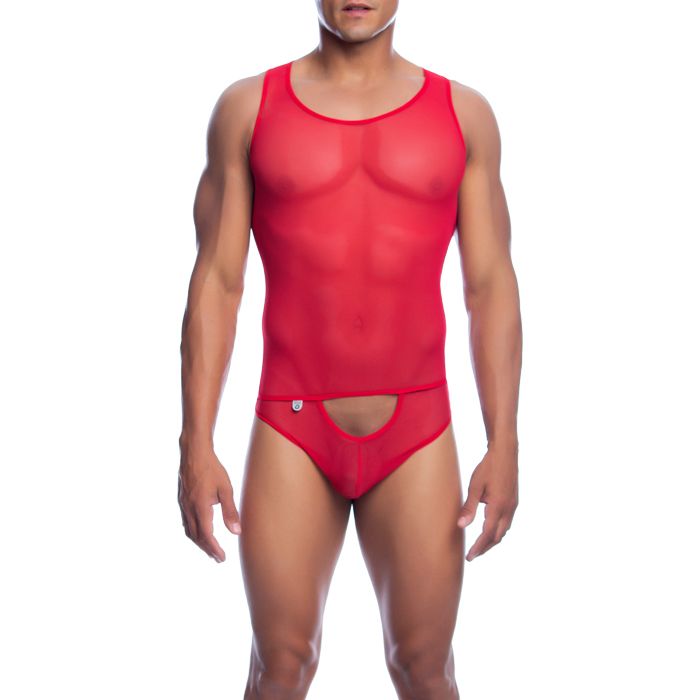 A man wearing a red, sheer, body-hugging tulle underwear with a semi-circular cutout at the front.