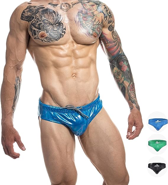 F plus R Men's Faux Leather Colorful Swimwear Briefs Novelty Bikini Swimsuit Adjustable Drawstring Removeable Pad